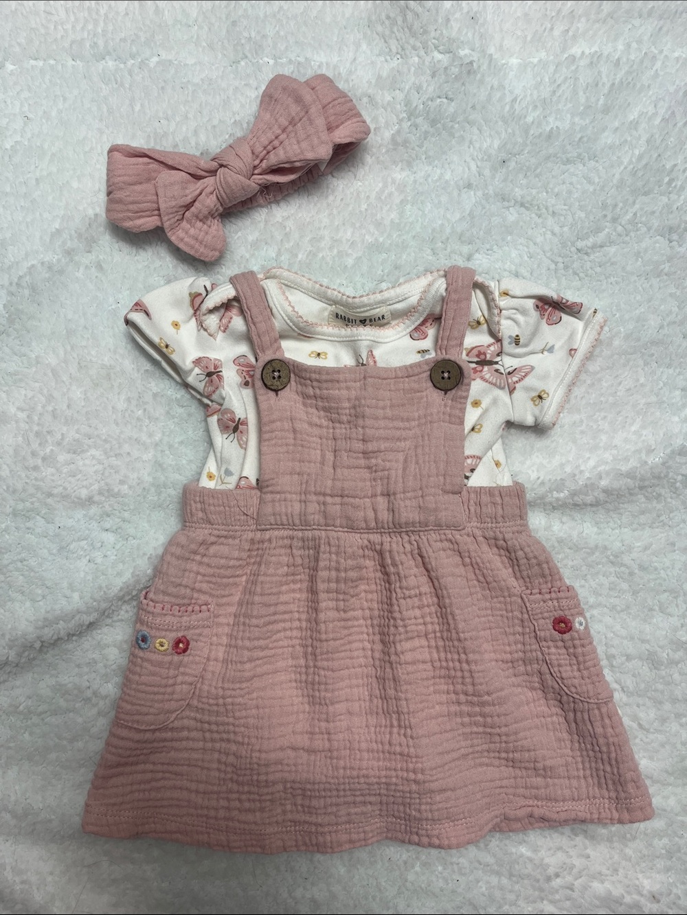 4/25$ Rabbit+Bear Pink Muslin Pinafore Dress with Butterfly Tee and Headband